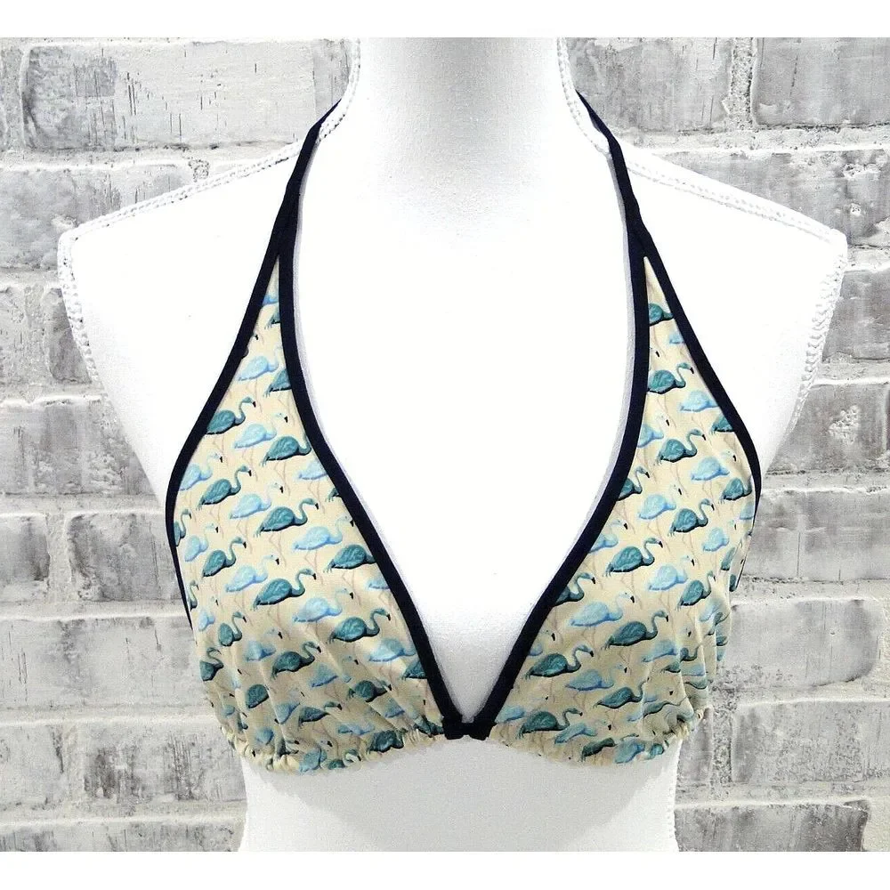 Tory Burch Bikini Medium STRING TOP Blue Green Flamingo Reversibl Gold Cube Logo